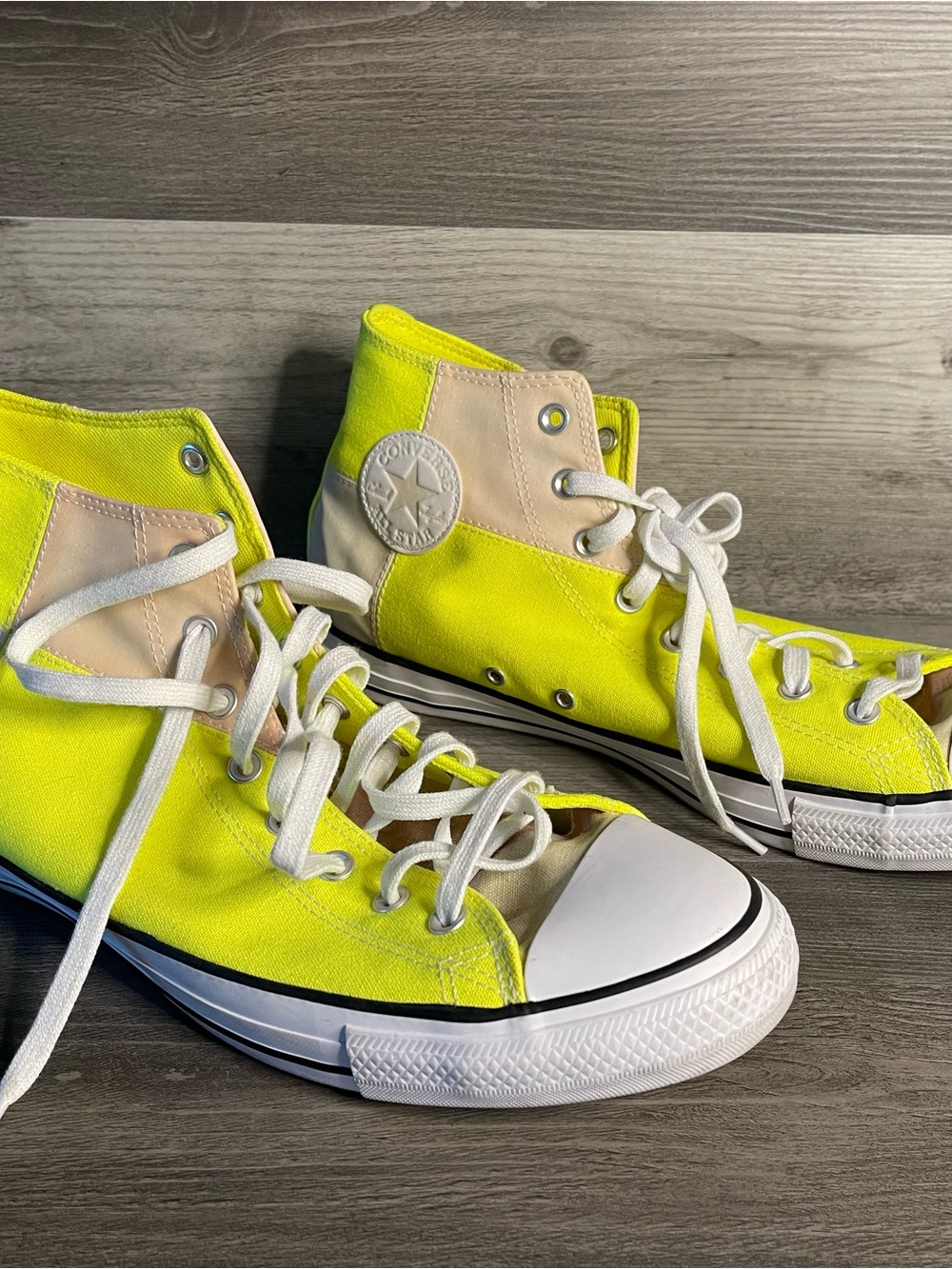 Converse High Top Sneakers in Neon Yellow and Cream - Picture 3 of 16